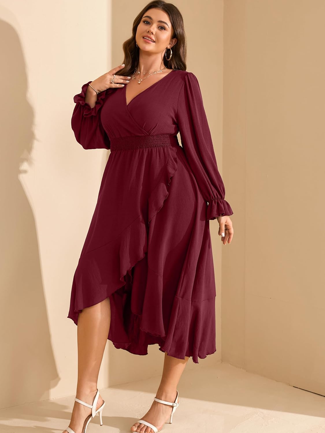 RWJ Women's Plus Size Wedding Guest Maxi Dress Wrap V Neck Long Sleeve High Low Ruffle Cocktail Fall Dresses - Image 5
