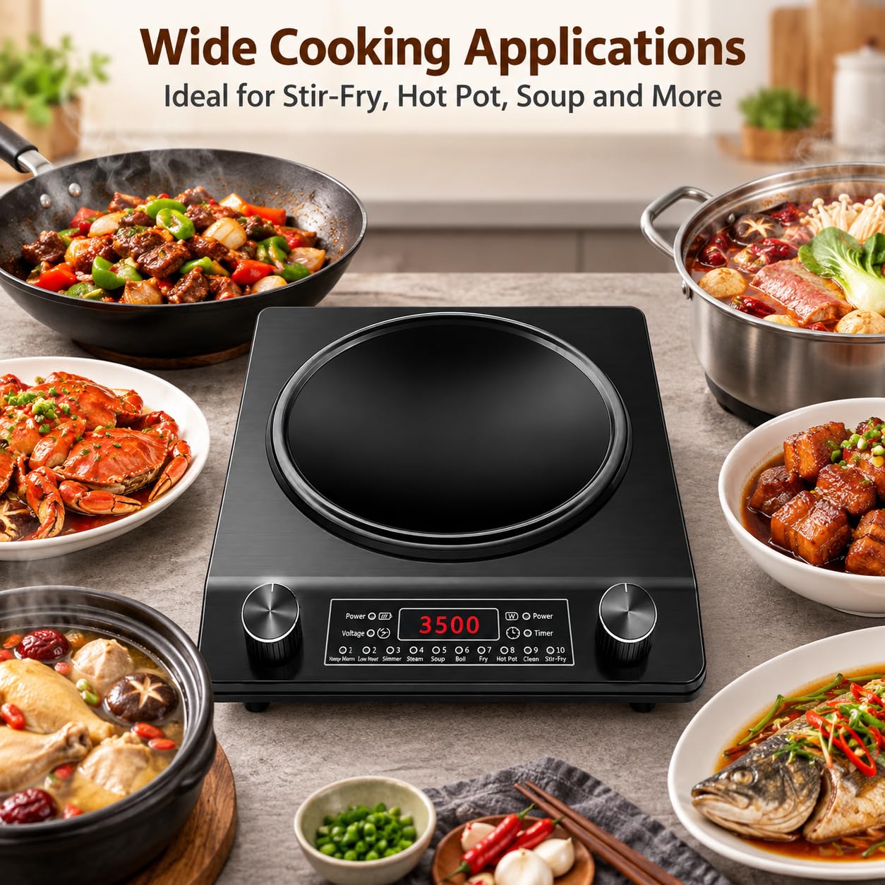 Plaque de cuisson à induction portable 3500 W avec design wok concave et 10