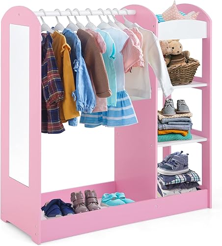 Costzon Almacenamiento de disfraces para niños con espejo perchero estantes de 3 niveles bandeja inferior centro organizador de disfraces de juego