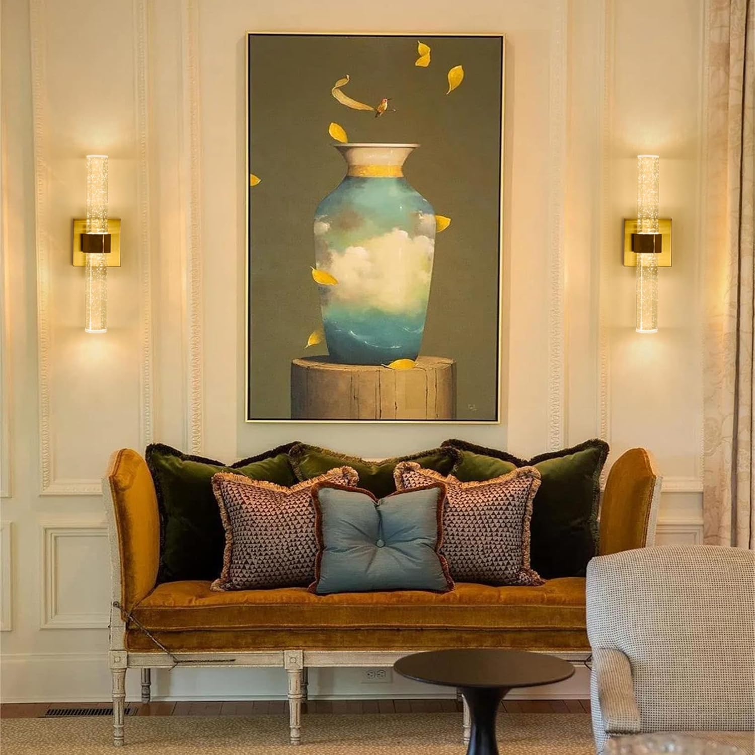 Femony Gold Wall Sconce,Crystal Sconces Wall Lighting with Antique Brass Finish,LED 3000K/Warm White/12W(60W Equiv.),Bubble Glass Modern Indoor Wall Light for Living Room,Bathroom and Hallway