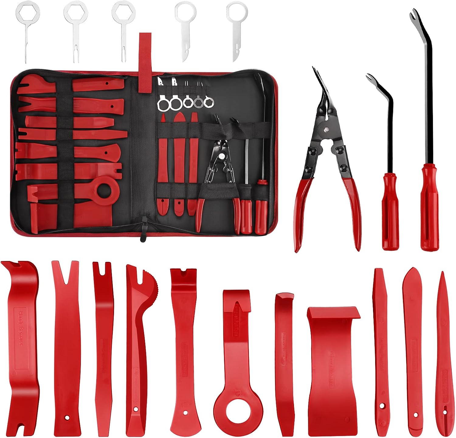 Aodigesa 19 Pcs Trim Removal Tool, Auto Clip Pliers Fastener Terminal Remover Set, Plastic Pry Tool Kit for Car Panel/Dash/Door/Audio/Radio/Stereo with Storage Bag (Red)