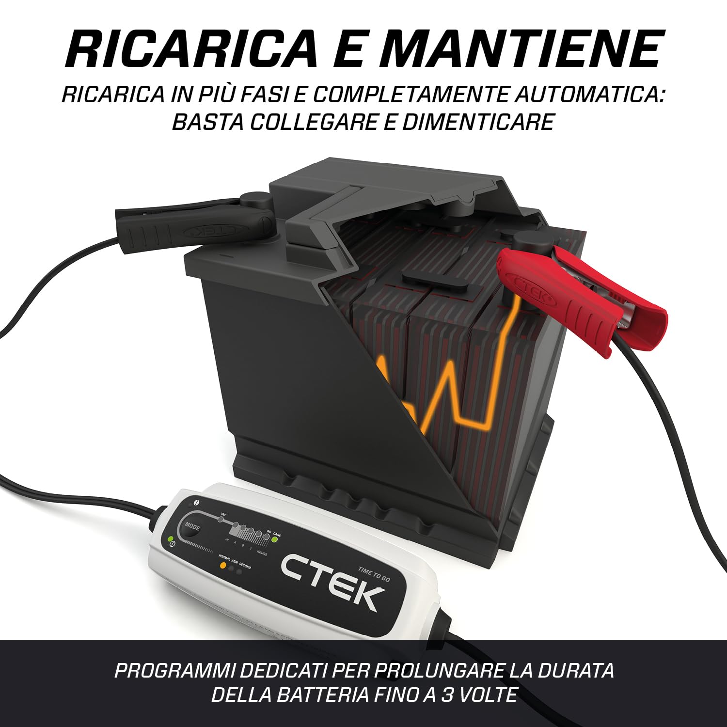 CTEK CT5 TIME TO GO, Caricabatterie 12V 5A, Mantenitore Di Carica Per Batteria Auto, Funzione Conto Alla Rovescia, Indicatore Di Avvio, Compensazione Della Temperatura Integrata E Opzione AGM