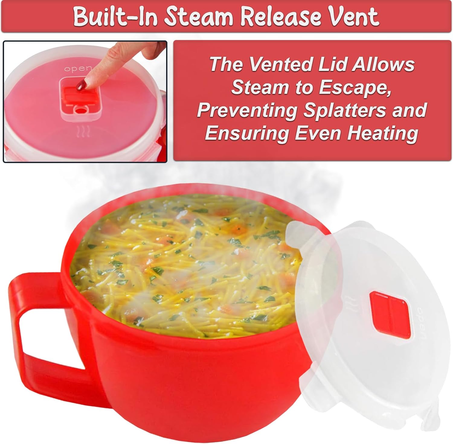 Home-X Set of 4 Microwave Bowls with Lid - Ramen Bowl Microwavable with Steam Release Vents and Easy Locking Clips - BPA-Free, Dishwasher Safe 32oz Soup Mugs with Handle Microwave Safe