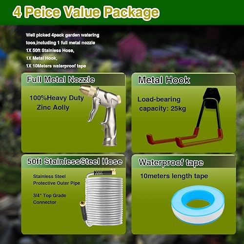 Miniatura 2 de Juego de manguera de jardín de acero inoxidable con boquilla de latón, válvula de manguera flexible, antitorceduras, ligera, a prueba de pinchazos,