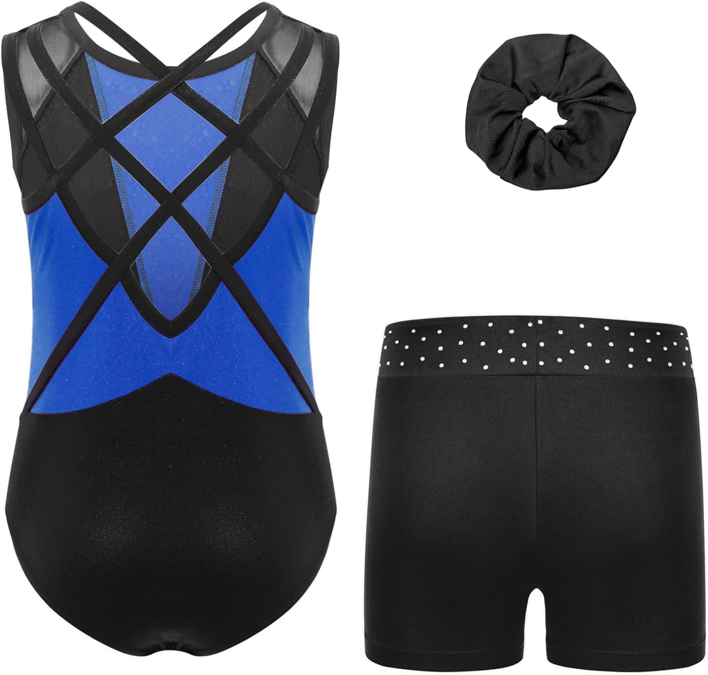 ACSUSS Gymnastics Leotard for Girls Sleeveless Shiny Ballet Dance Dance Unitard Biketard with Shorts Hair Scruchies Blue 13-14 Years