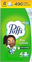 Puffs Plus Lotion Facial Tissues, 4 Family Boxes 124 Sheets Each - America's #1 Soothing Lotion Tissues for Sore Noses