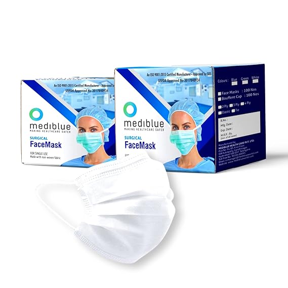 MEDIBLUE 4 Ply Disposable Surgical Face Masks Pack of 100, White Color, Pharmaceutical Box With Nose Pin, Non-Woven BFE>98% and PFE > 95% Certified by USFDA, ISO ( Pack of 100 Pcs, Without Valve, WHITE ) for Unisex