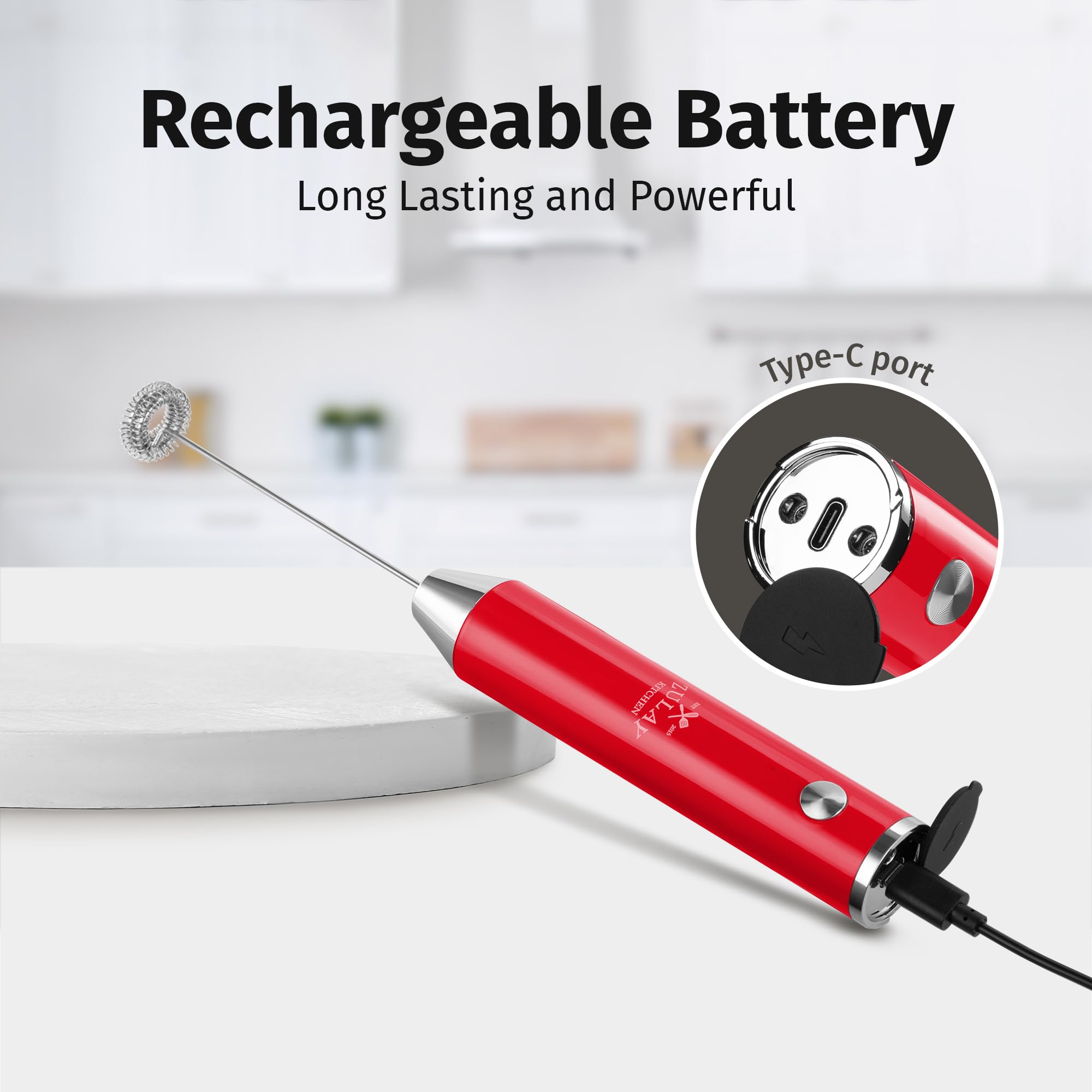 Zulay Kitchen Mousseur à lait portable rechargeable - Mousseur à boisson électrique pour cappuccinos, matcha et poudre de protéines - Double fouet Lux étanche à 2 vitesses - 2 000 mAh - Rouge