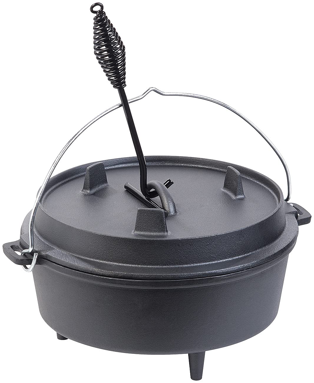 Rosenstein & Söhne Feuertopf: Dutch Oven aus Gusseisen mit Standfüßen, 2in1-Deckel & -Pfanne, 6 l (Gusseisen Kochtöpfe, Dutch Oven mit Füßen, Wok)