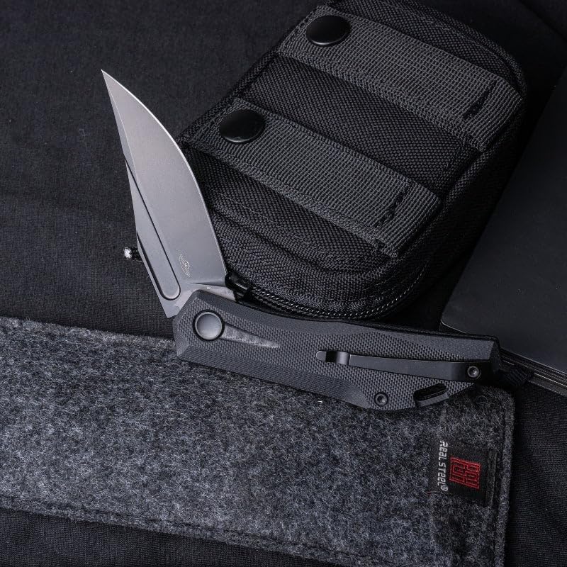 REALSTEEL Ventus Lite Folding Knife,Pocket Knife,Global Original ATS Slipjoint,Nail Nick,3.03" D2 Black PVD Blade,2.59 Oz,G10 Handle,Bowie Blade,Pocket Clip,Versatile Outdoor Indoor EDC(Black Black)