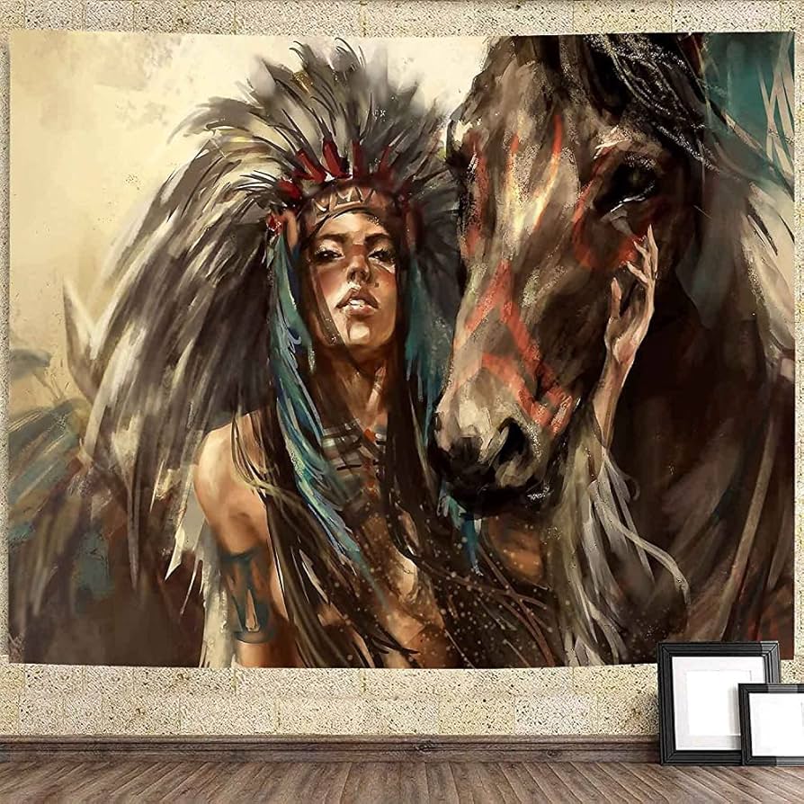 Amazon.co.jp: 古代ネイティブアメリカンのタペストリー馬の絵の
