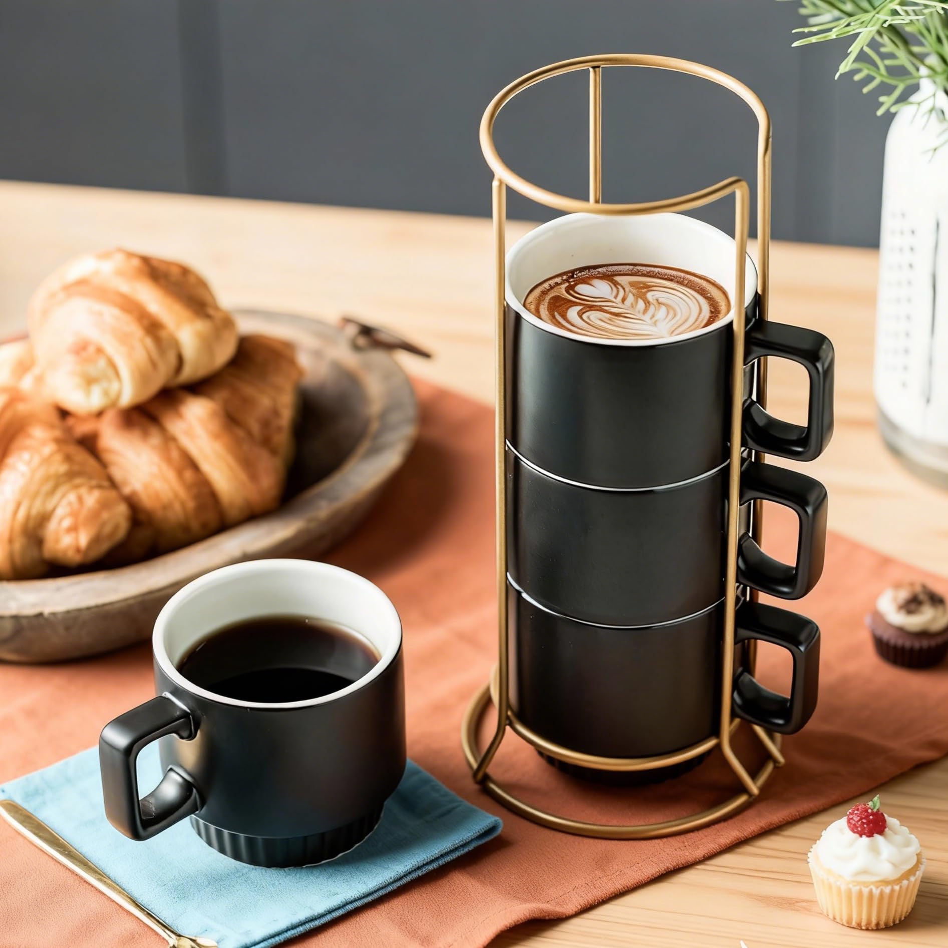 Miamolo Stapelbare Kaffeetassen mit Ständer, 325 ml, Keramik, Latte-Tassen, 4er-Set, für Espresso, Cappuccino, Tee, heißen Kakao, Vatertag, spülmaschinen- und mikrowellengeeignet, Schwarz