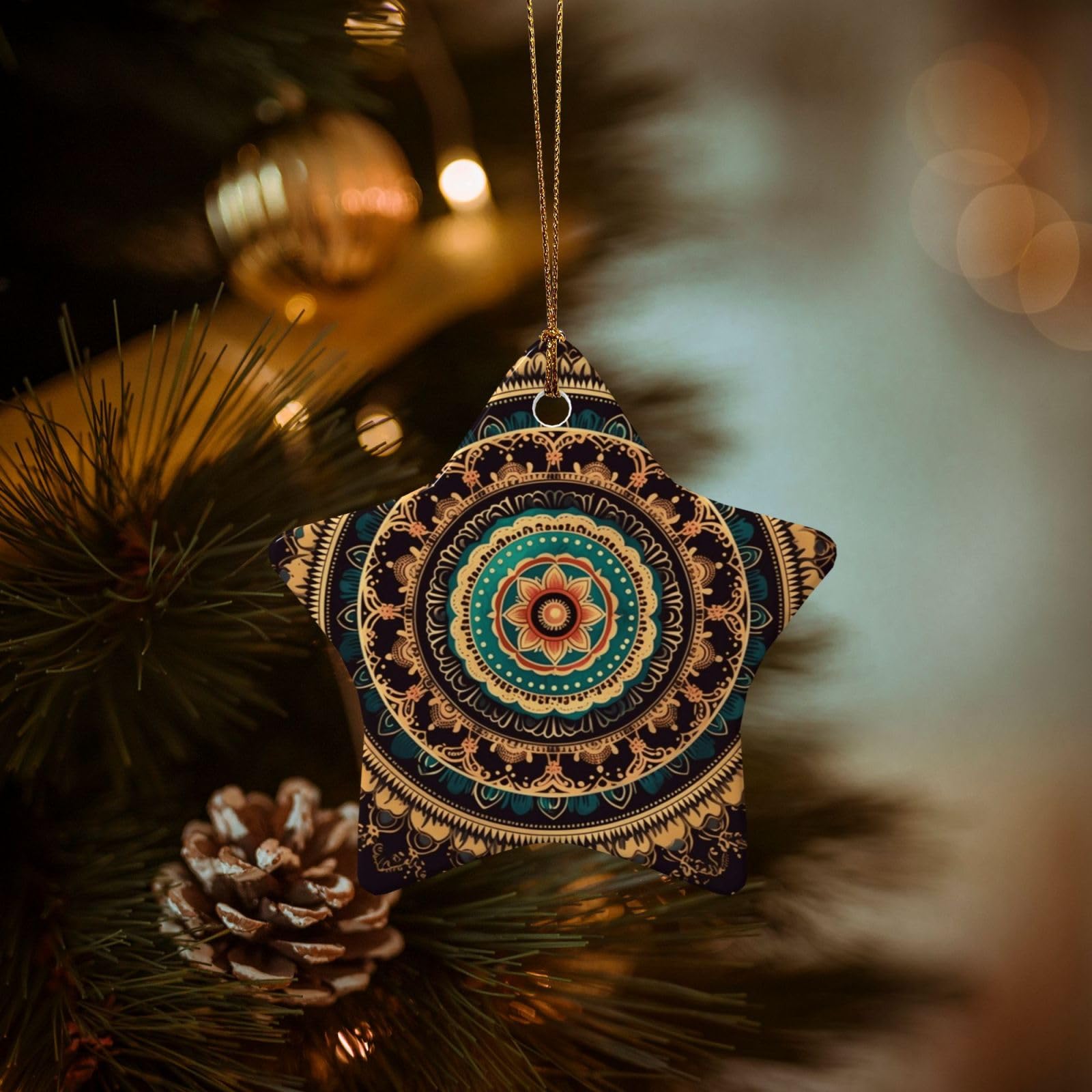 Christmas Tree Ornaments Ceramics Christmas Decorations Mandala Ornaments with Gold Ribbon Porcelain Xmas Tree Crafts Star Shape Hanging Pendant for Christmas Tree Party Decor