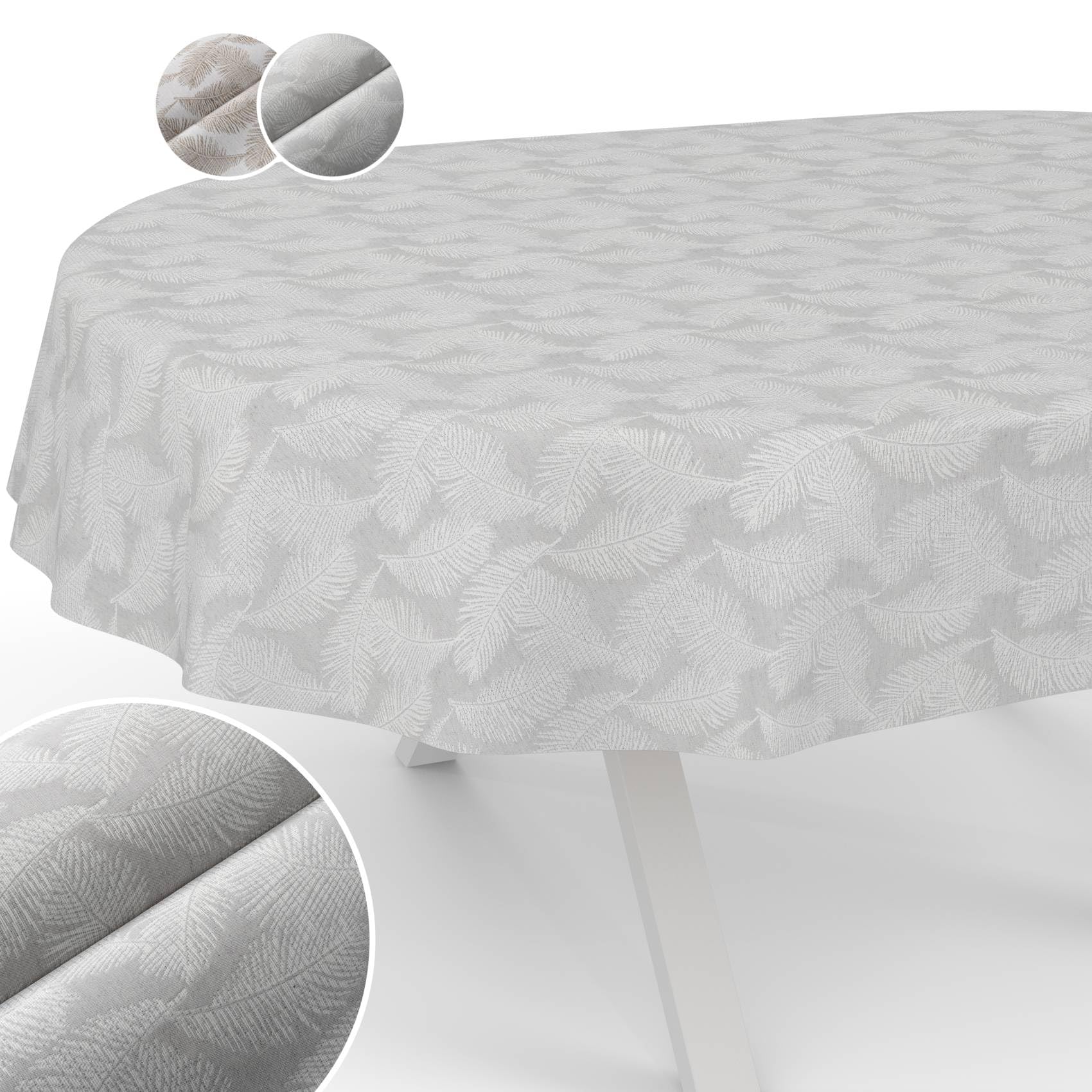Tablecloth Fabric Washable Lurex Tablecloth Teflon Coated Easy Care Lotus Effect Dirt & Water-Repellent Kate Floral Leaves Oval 180 x 140 cm Cut Edge Silver