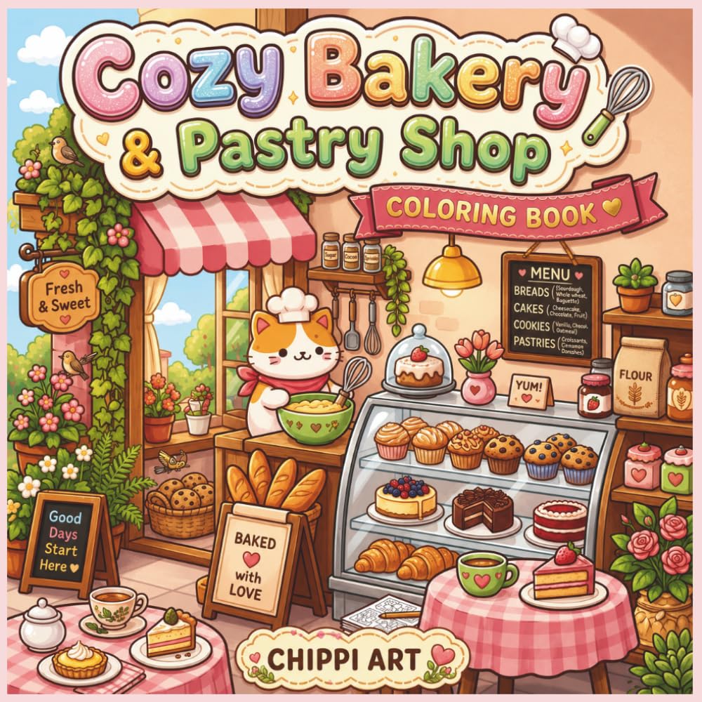 Cozy Bakery & Pastry Shop Coloring Book: Cute Bakery Shops, Pastry Displays, Cakes, Cookies, Donuts, and Cozy Café Scenes for Adults and Teens