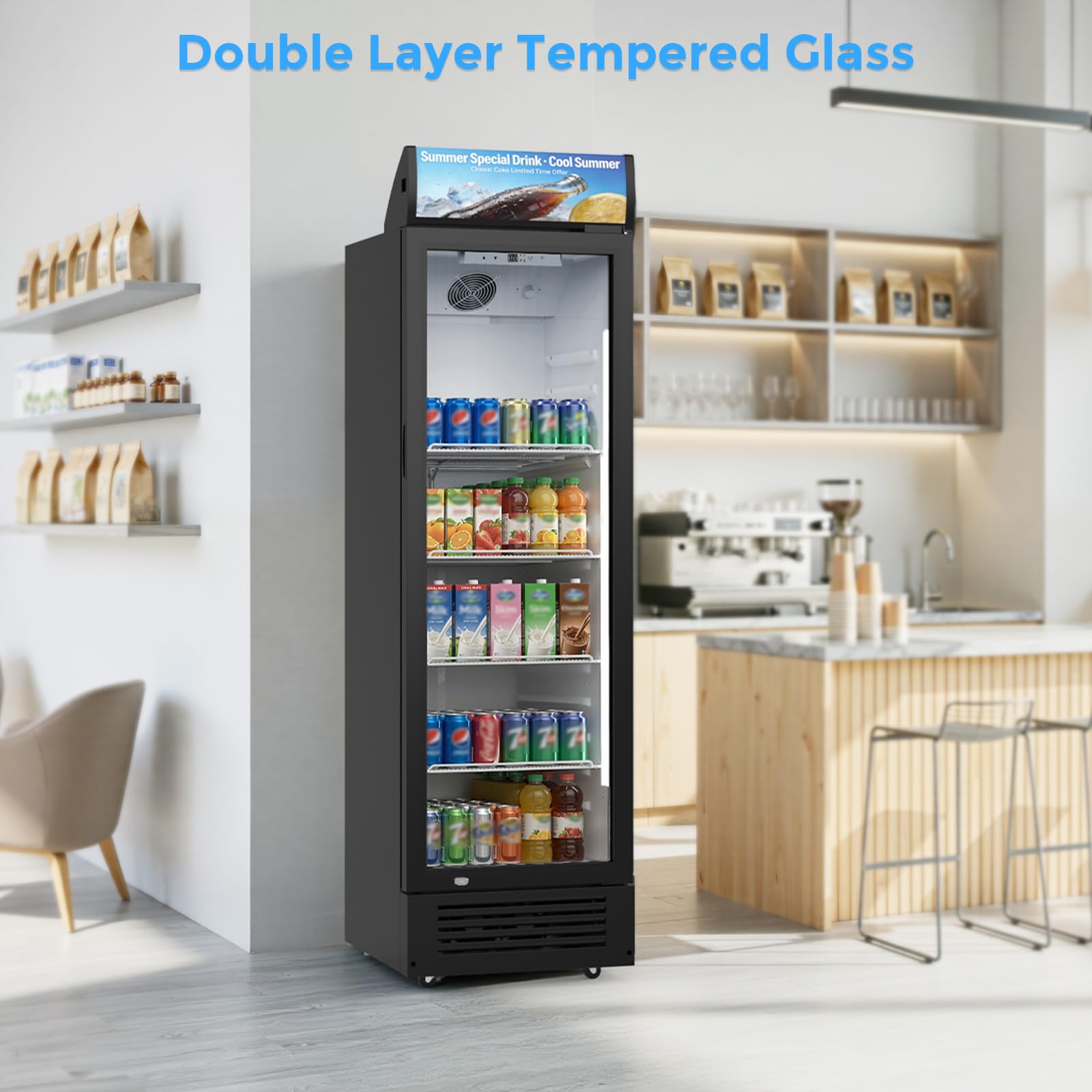 Electactic 9 Cu.Ft Commercial Refrigerators, Display Refrigerator With Double-Tempered Glass Door, Commercial Display Fridge With 4 Adjustable Shelves & LED Light, For Shops, Restaurants, Bars on Fridge.com - View 3