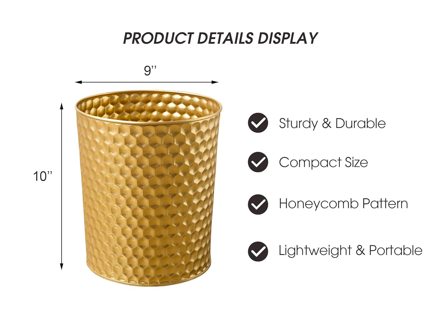Venalys Large Metal Trash Can Wastebasket, Decorative Honeycomb Garbage Can, Modern Farmhouse Round Bin for Bathroom, Bedroom, Kitchen and Office (Gold)