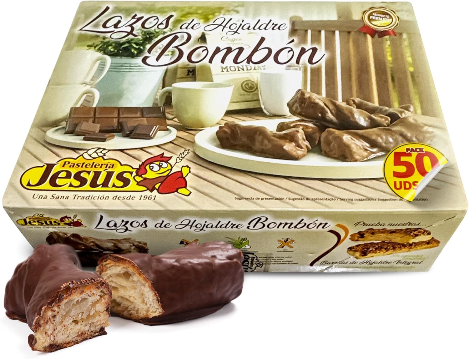 Lazos de Hojaldre con Chocolate y Miel, Cobertura al Cacao 24% – Pack 50 Uds (2,5 kg) – Sin Conservantes ni Colorantes – Bollería para Desayuno y Merienda
