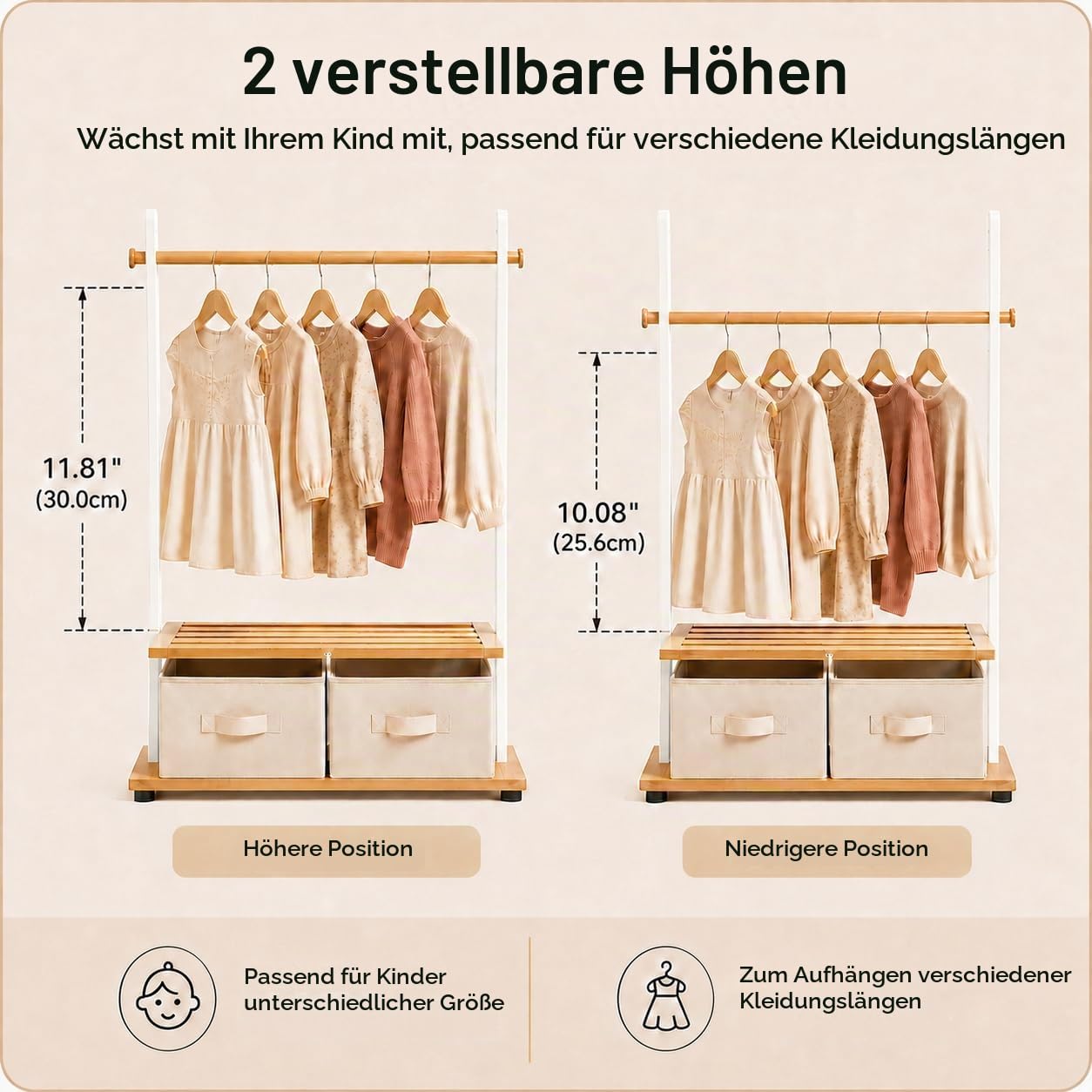 BAMBOOHOMIE Kindergarderobe mit 2 Aufbewahrungsboxen, Kleiderständer Kinder aus Bambus mit verstellbarer Stange & Ablagen, Kleiderständer für Kinderzimmer, Spielzimmer (Weiß)