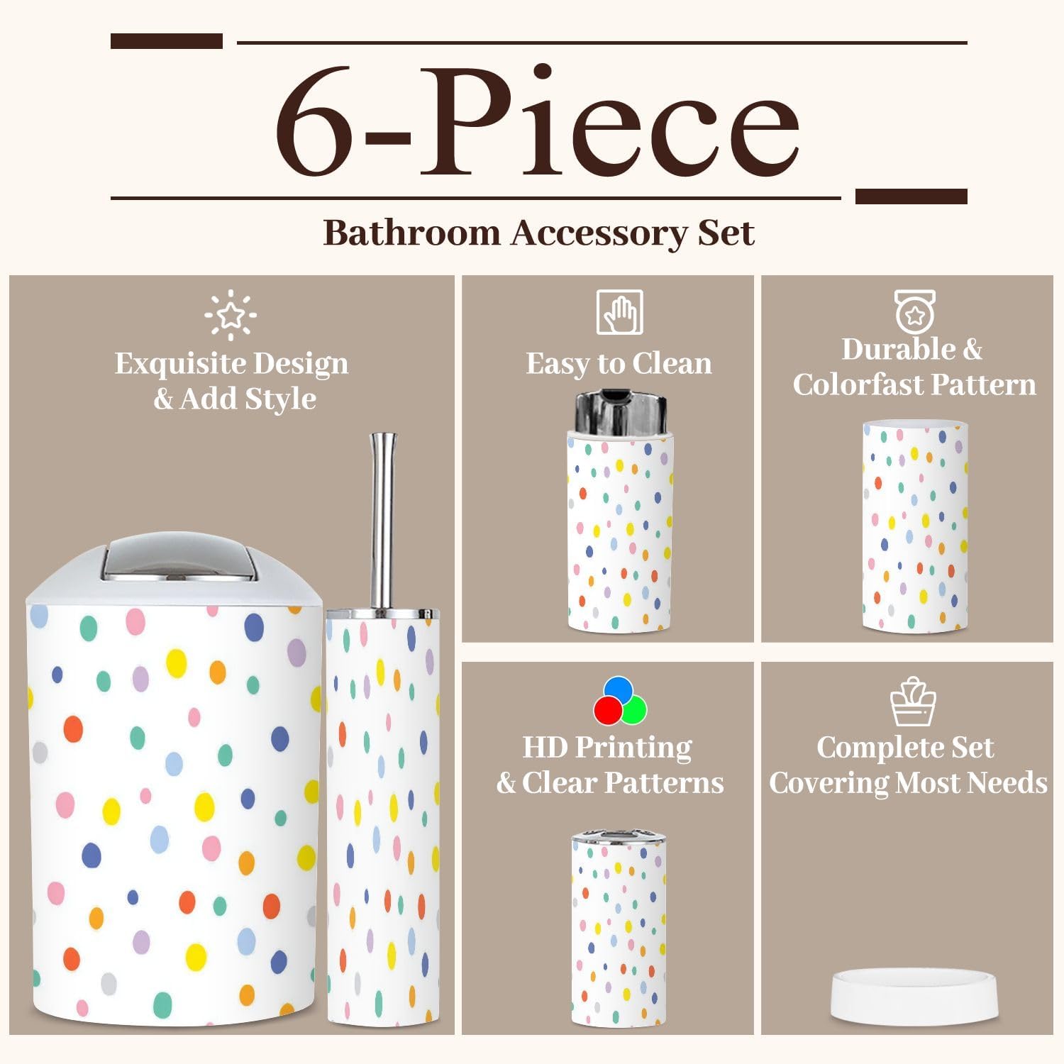Bathroom Accessory Set 6 Piece Colourful Rainbow Polka dots Seamless Festal Confetti Toothbrush Cup Toothbrush Holder Soap Dispenser Soap Dish Trash Can with Lid Toilet Brush Holder Counter Decor