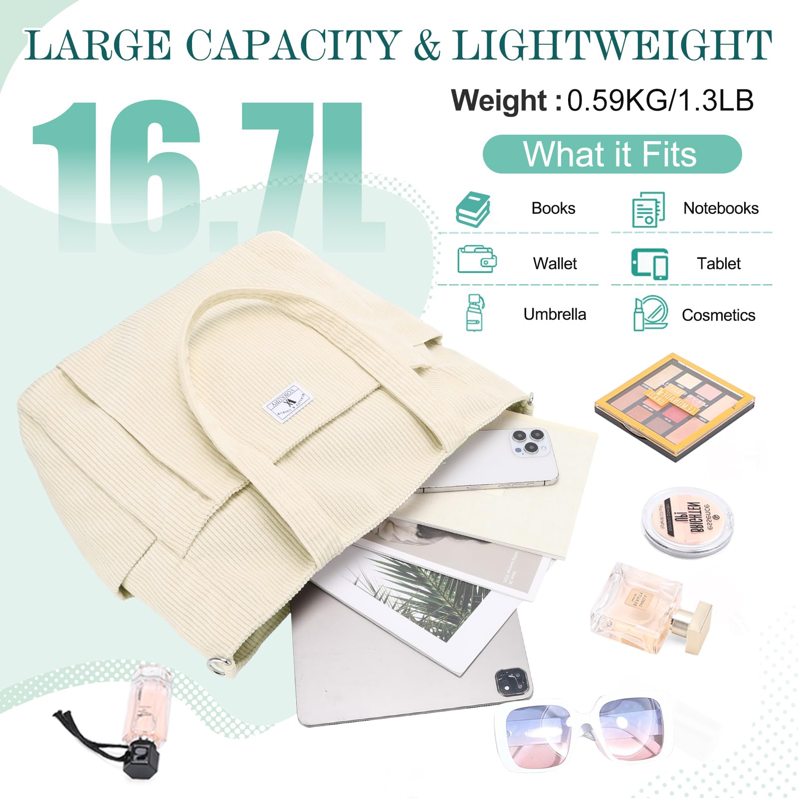 VX VONXURY Sac Cabas Femme Velours Côtelé Sac a Main Femme avec Multi-Poches Sac Bandoulière avec Sangle Réglable pour Travail Voyage Université