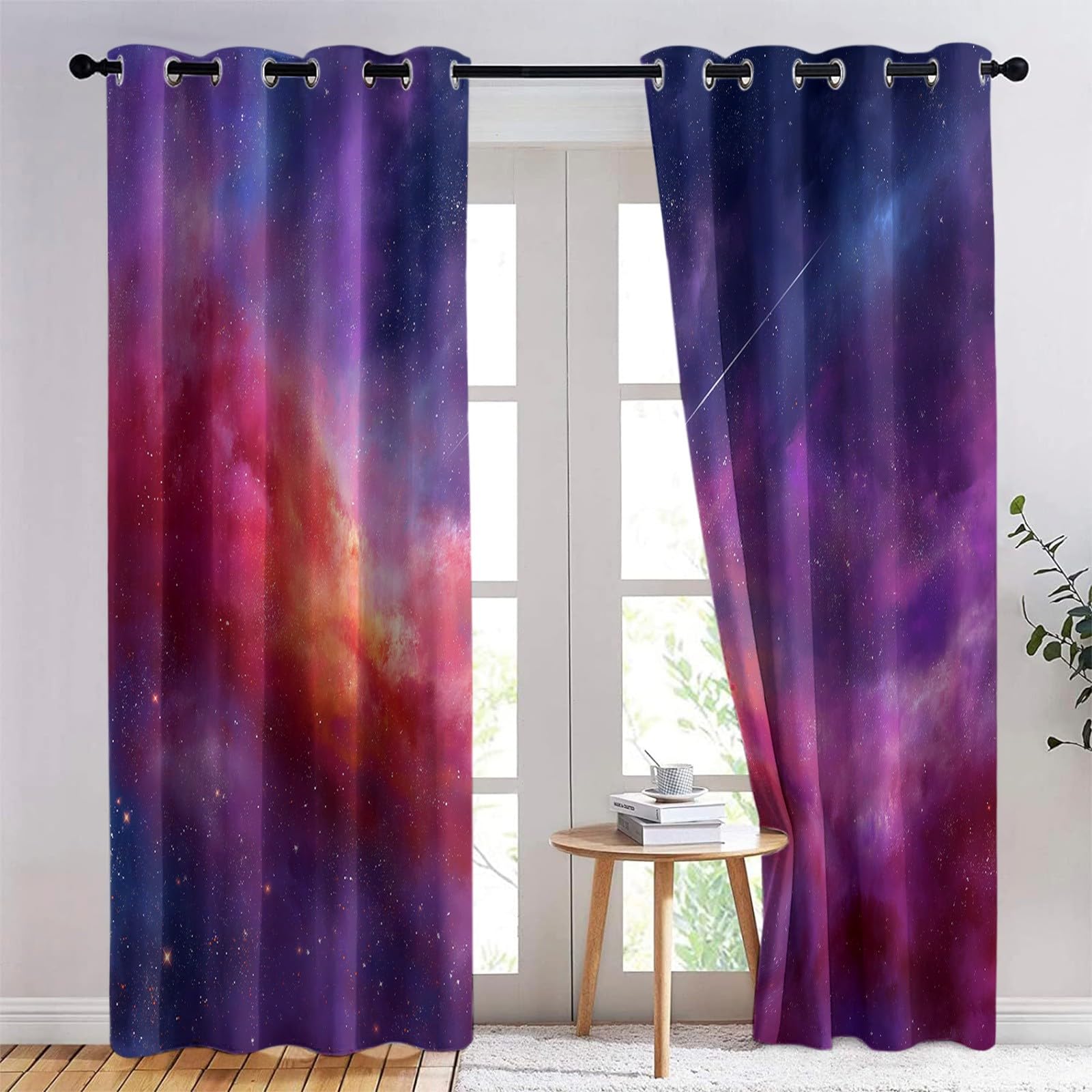 Générique Rideaux Occultants Météore Nébuleuse Lot de 2 Panneaux 140 x 260 cm, Isolation Thermique et Anti-Bruit à Œillets, Espace Univers Déco Douce pour Chambre Fille Violet Foncé