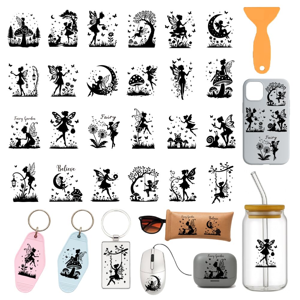 GOMAKERER 120 Pcs 24 Styles Fairy Silhouette Keychain Stickers, Fairy Theme UV DTF Transfer Stickers Waterproof Transfer Sticker Decal Rub on Transfers for Acrylic Hotel Keychain Card