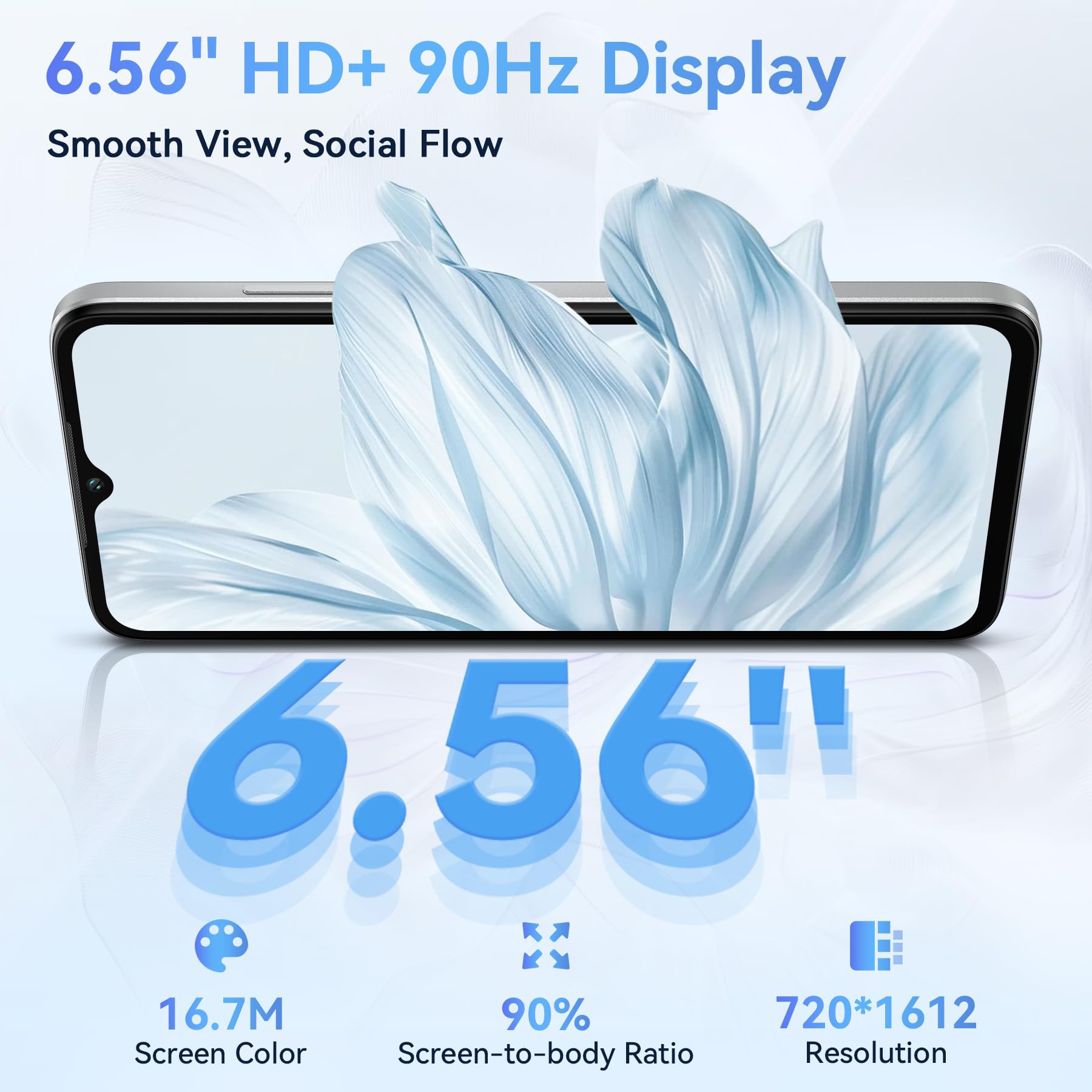 DOOGEE Note 56 Pro Téléphone Portable Andriod 16,32GO+128GO/TF 2TO Smartphone Pas Cher,6.56" HD+ IPS 90Hz Écran,6150mAh Octa Core Telephone,13MP+8MP,Dual SIM/NFC/GPS/OTG/Face ID/Prise Casque 3.5mm