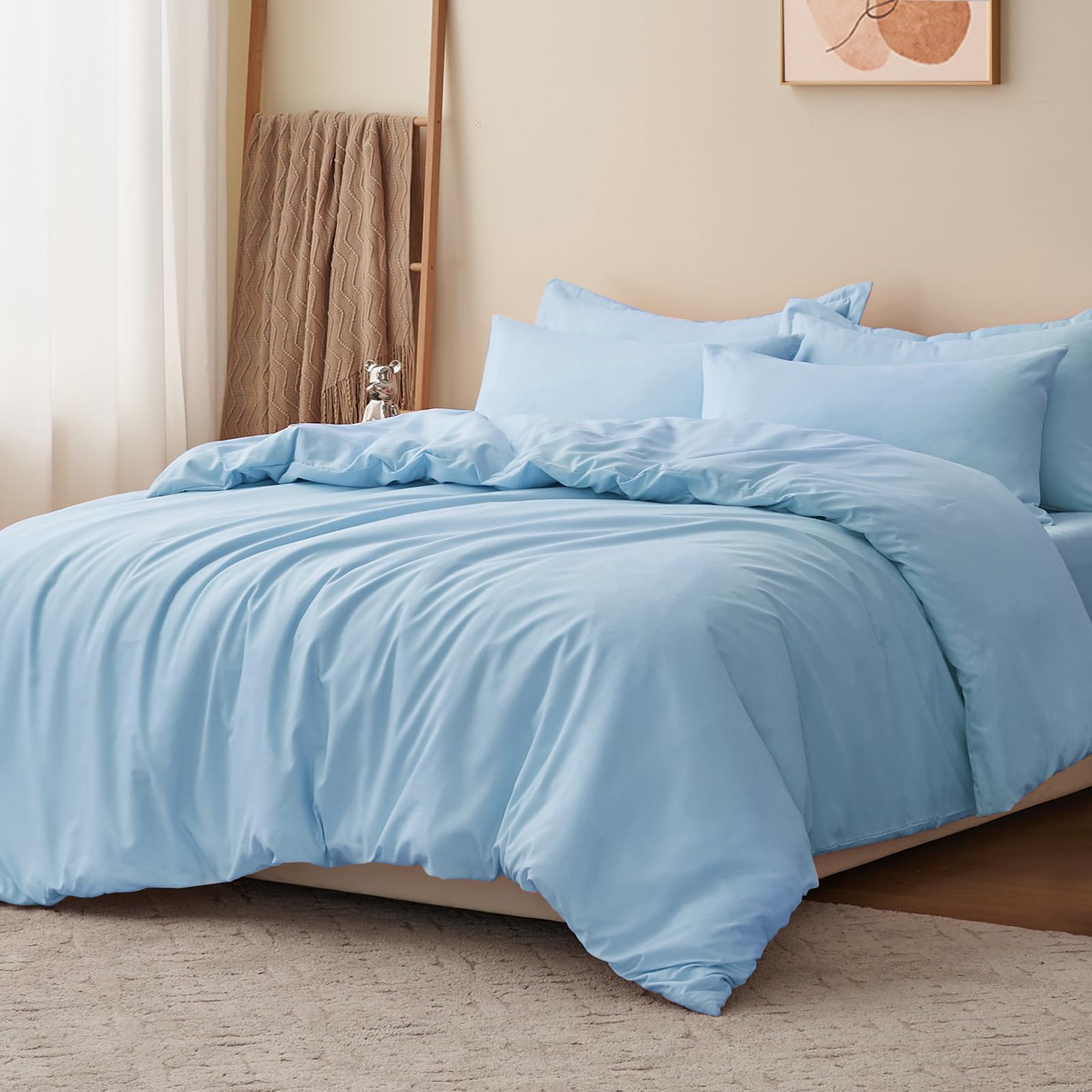 RUIKASI Set Copripiumino Una Piazza e Mezza 200x200 - Monocromatico 3 Pezzi Copripiumino Set di Due Federe 50x80 cm inclusi, Microfibra, Facile Da Gestire e Morbida, Azzurro Chiaro