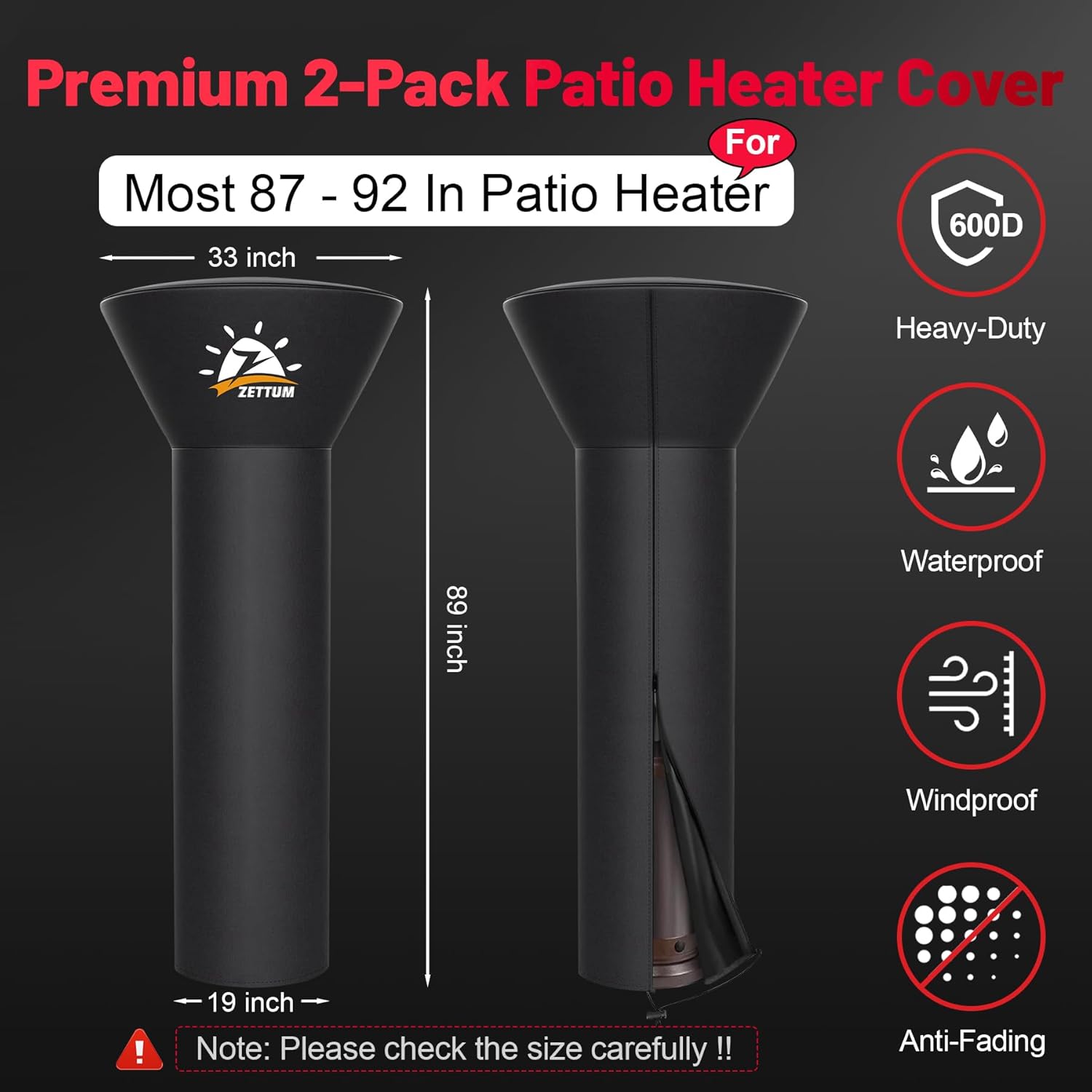 Zettum Patio Heater Covers 2 Pack - 600D Outdoor Heater Cover with Zipper Waterproof Heavy Duty, Propane Heat Cover for East Oak, Hampton Bay, Fire Sense and More (89" Height x 33" Dome x 19" Base)
