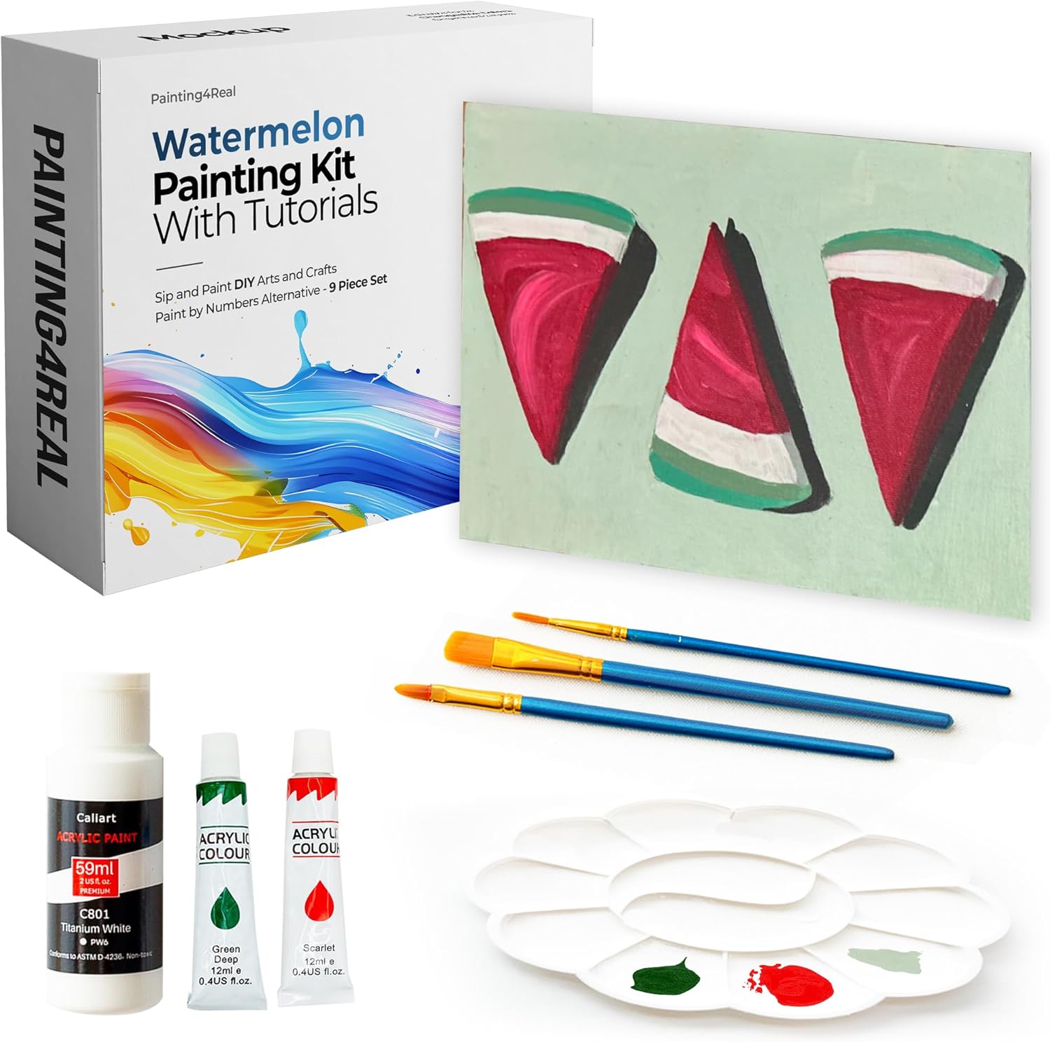 Painting4Real DIY Art Painting Kit for Adults with Video Tutorials – Learn to Paint Watermelon, 9 Pieces Canvas Acrylic Paint Set for Adults, Perfect Holidays & Birthday Gift for Art Lovers, Beginner