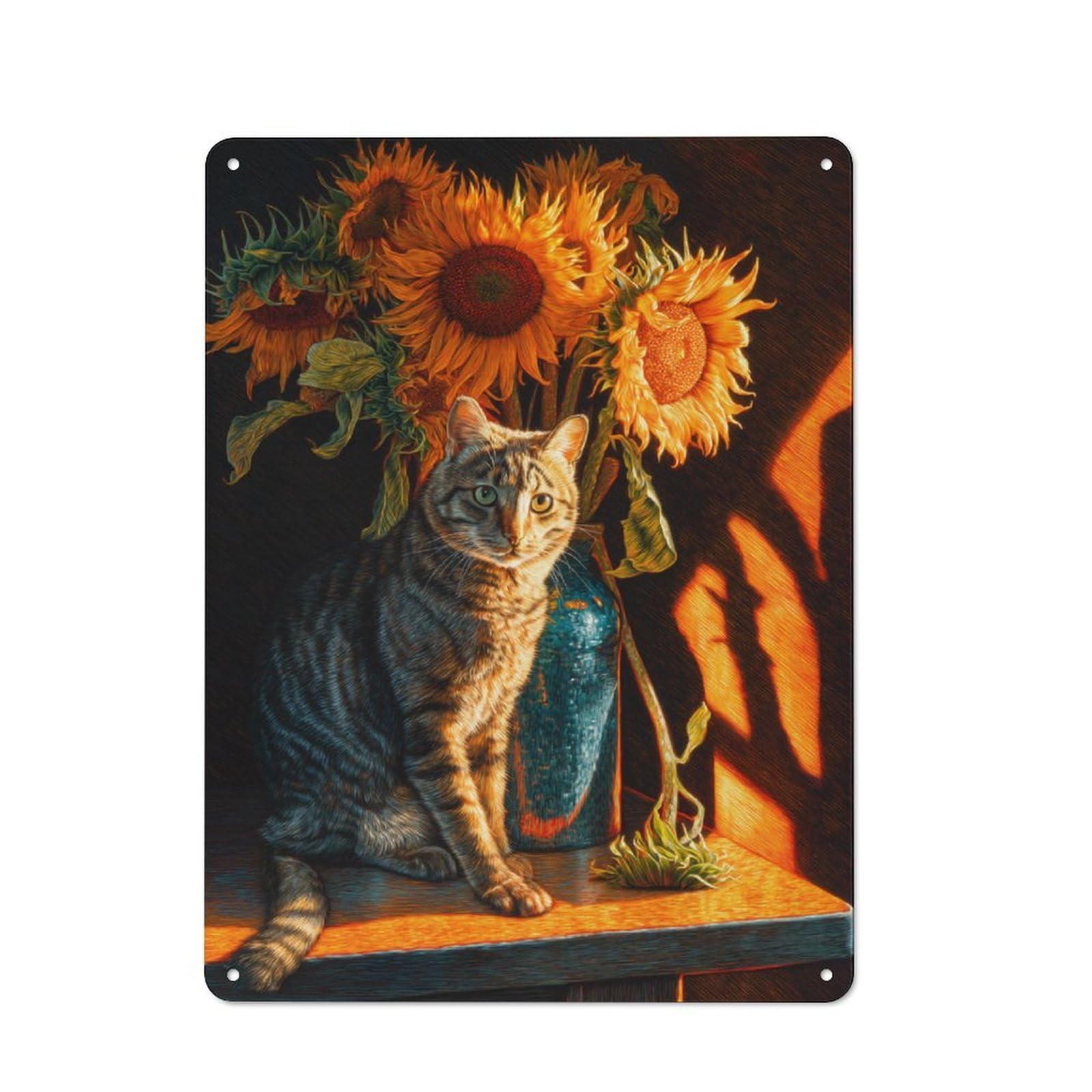 Junmoney Cat And Sunflowers Still Life Rustic Tin Wall Plaque 40X30cm For Guest Room Or Hallway, For Garage, Workshop And Man Cave Decoration