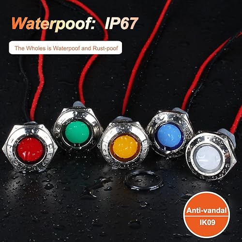 Miniatura 12 de 2 luces indicadoras LED de 0.630 in (5/8 pulgadas), 12-24 V AC/DC 20 mA ahorro de energía de metal impermeable IP67 lámpara piloto de una sola Verde