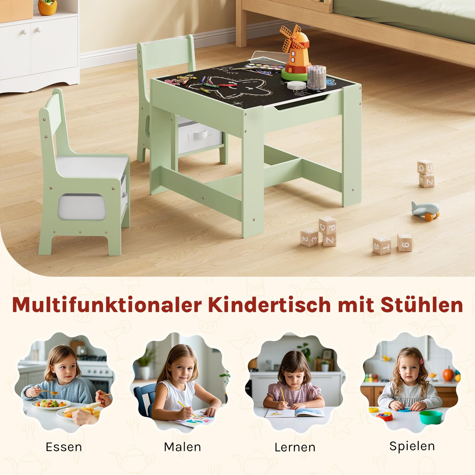 WOLTU Kindertisch mit 2 Stühlen, für Kinderzimmer Kindergarten, Kindersitzgruppe mit Stauraum, mit wendbarer Tischplatte, für Kinder ab 2 Jahren, Grün + Weiß