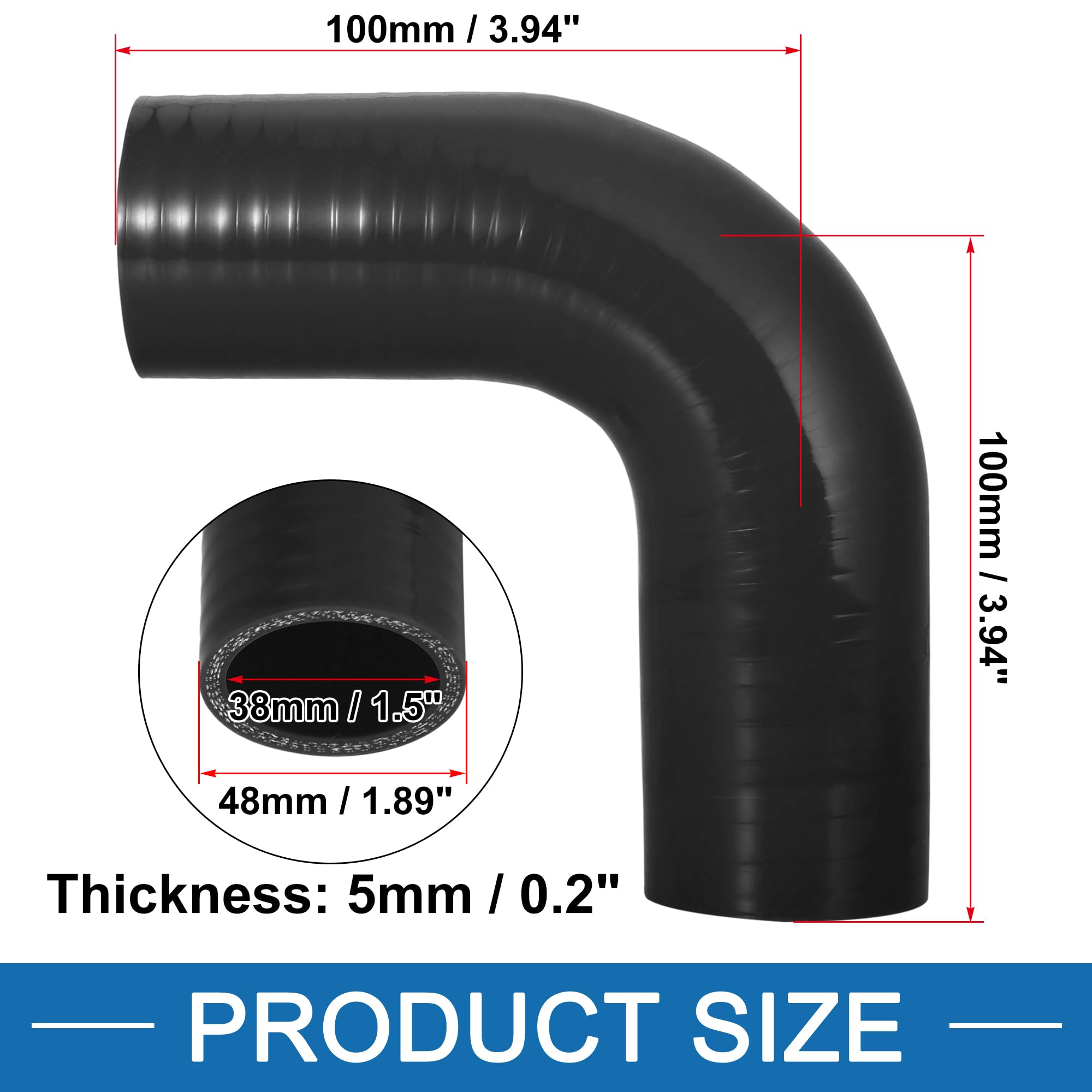 A ABSOPRO Tubo riduttore in silicone a gomito a 90 gradi, diametro interno 38mm (1.5"), raccordo in silicone per tubo intercooler nero per auto, tubo di aspirazione intercooler nero