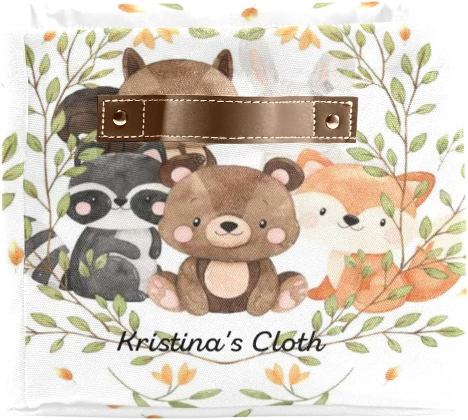 Woodland Cute Animals Bear Raccoon Personalized Storage Bins Baskets Cubes Organizer with Handle for Shelves Closet Nursery Toy 2 Packs