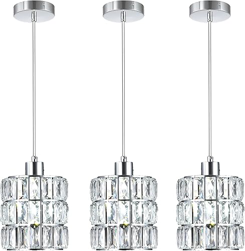 Miniatura 8 de Paquete de 3 lámparas colgantes de cristal cromado, mini luces colgantes para isla de cocina con pantalla de metal de placa de cristal, moderno