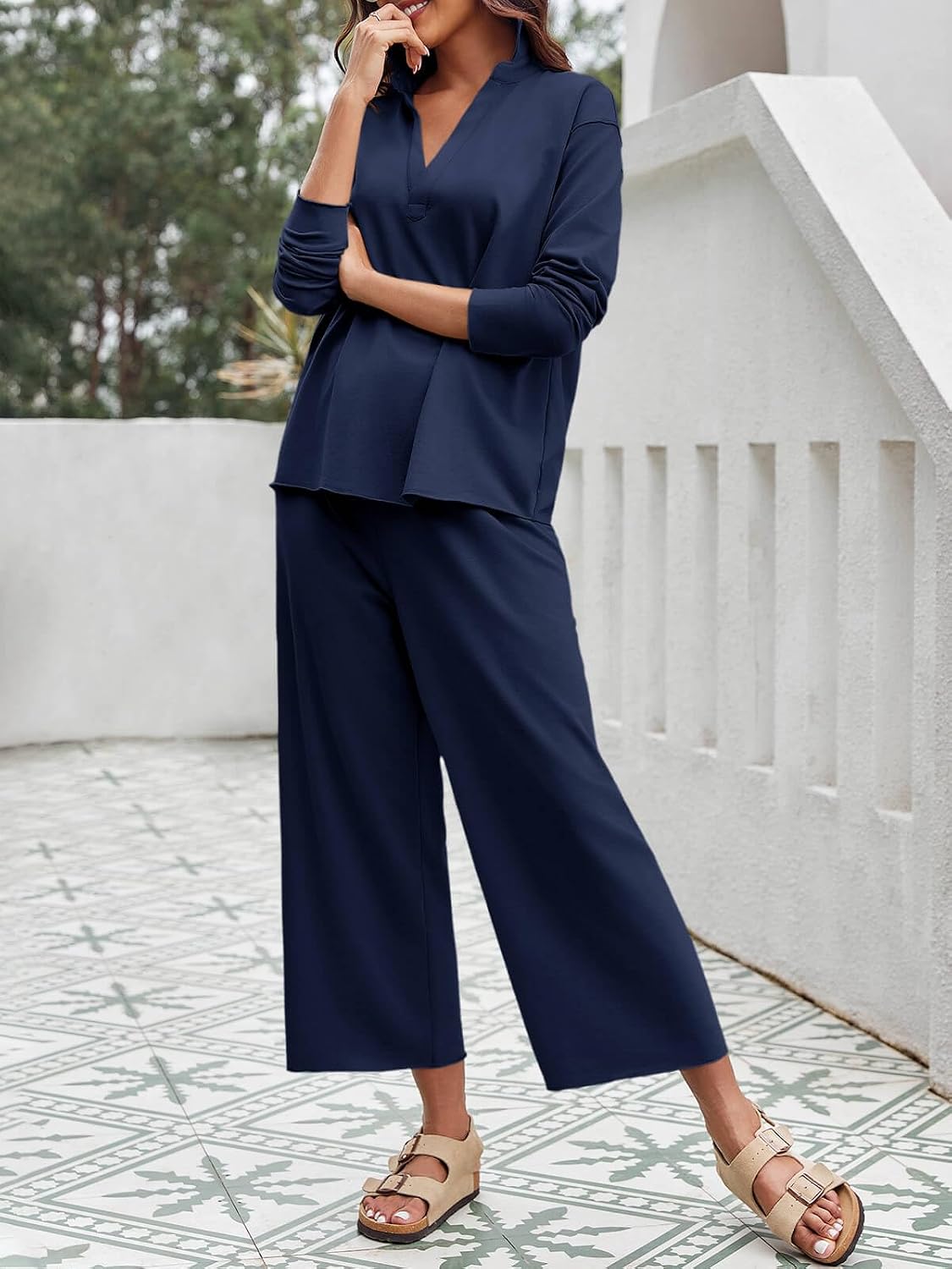 Imily Bela Womens 2 Piece Outfits Sweatsuit Long Sleeve Lapel V Neck Shirt and Wide Leg Pants 2025 Fall Trendy Tracksuit