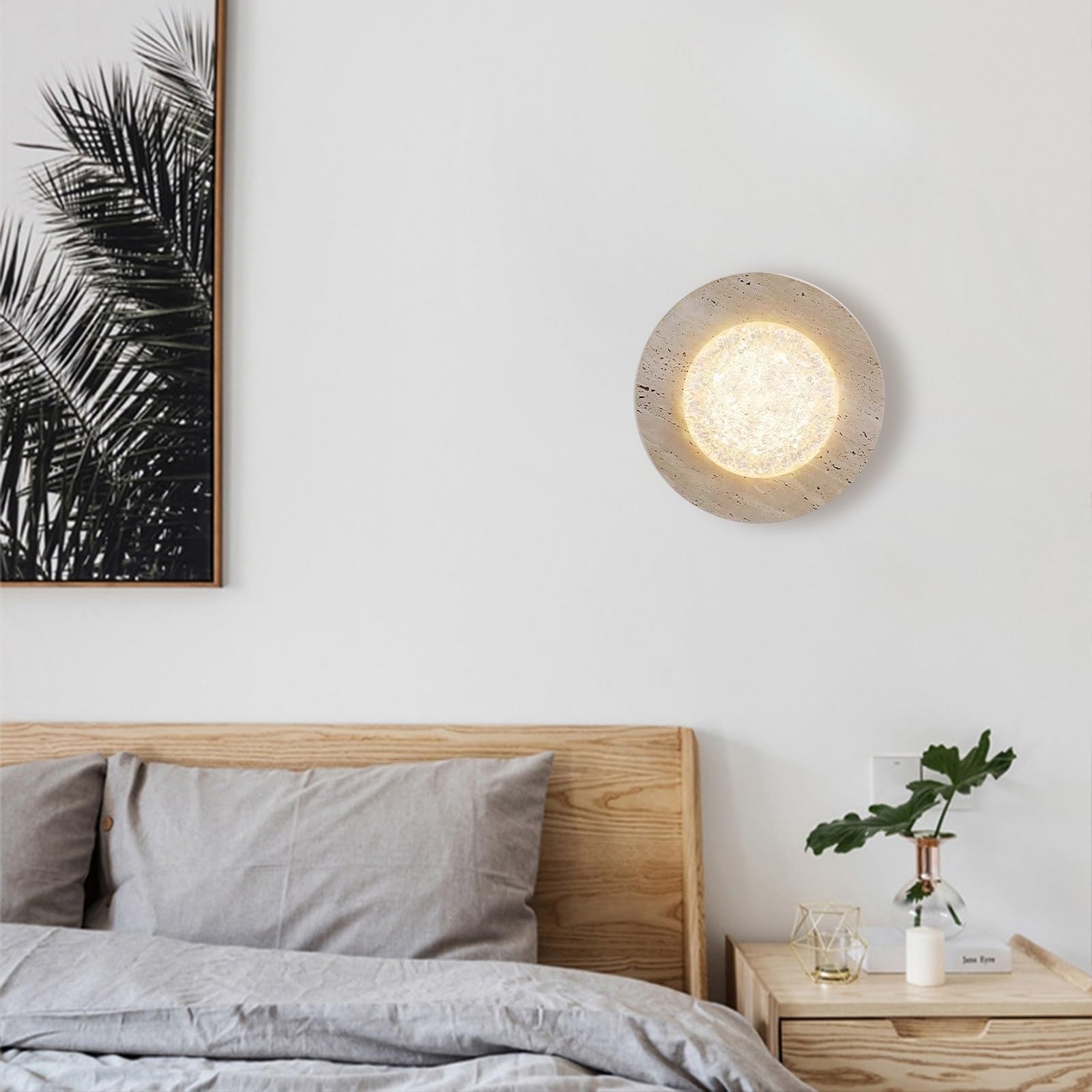 Ultra-cienka okrągła lampa ścienna, szklany klosz i żółta powłoka trawertynowa, lampka nocna, żarówki LED 5 W - 3 kolory, nowoczesna minimalistyczna oprawa do przedpokoju o