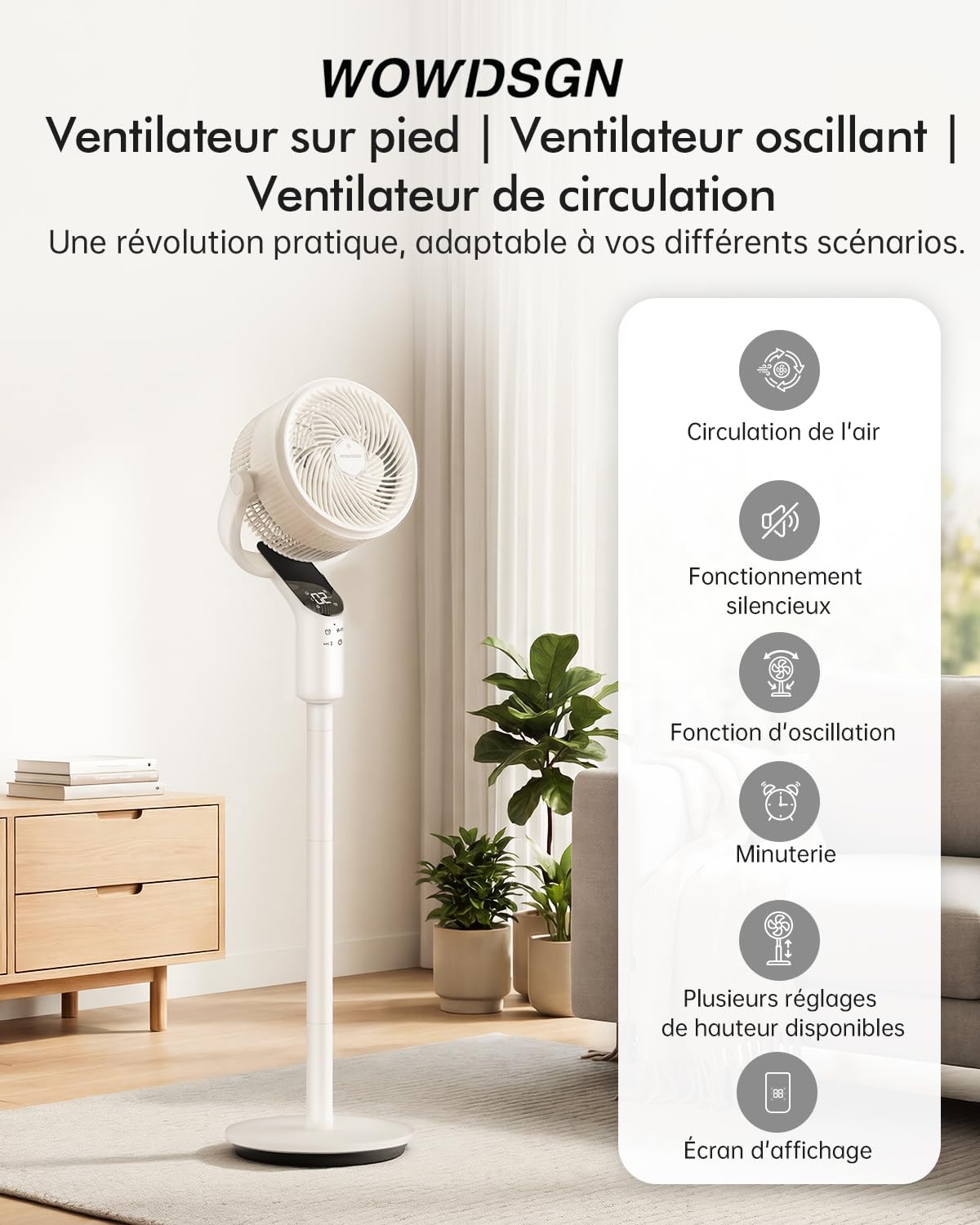 WOWDSGN 2026 Ventilateur sur pied, 22dB Ventilateur Silencieux, Vitesse du Vent 7.2 m/s, Oscillation 70°+80°, 8 Vitesses de Vent, 3 Modes, Avec Fonction Minuterie et Hauteur Réglable (Blanc)
