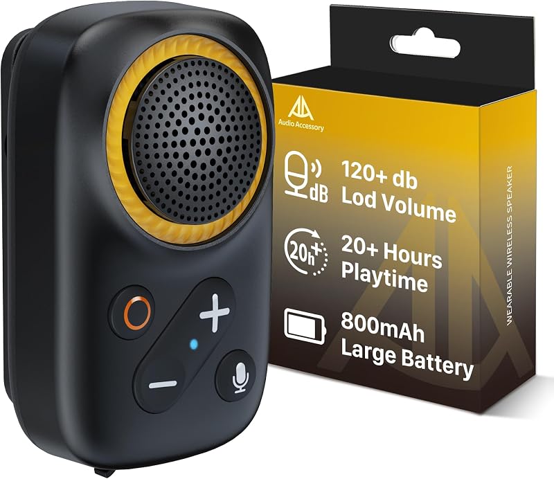 AA AUDIO ACCESSORY Wearable Bluetooth Speaker Clip On-Upgraded 800mAh Battery for 20 Hours Playtime, Waterproof Small Wearable Wireless Speaker with 120dB Loud Mic for Golf, Hiking, Jobsite - Black