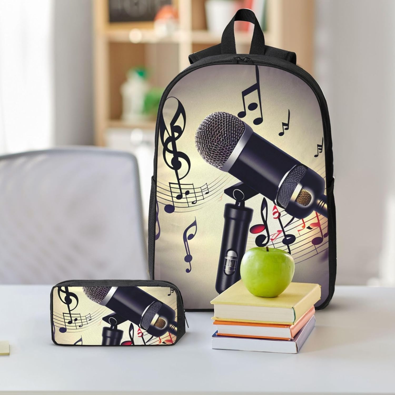Microphone with Music Note print 3 Piece Backpack Bags with Lunch Box Pencil Case Set for Travel Work Camping Unisex