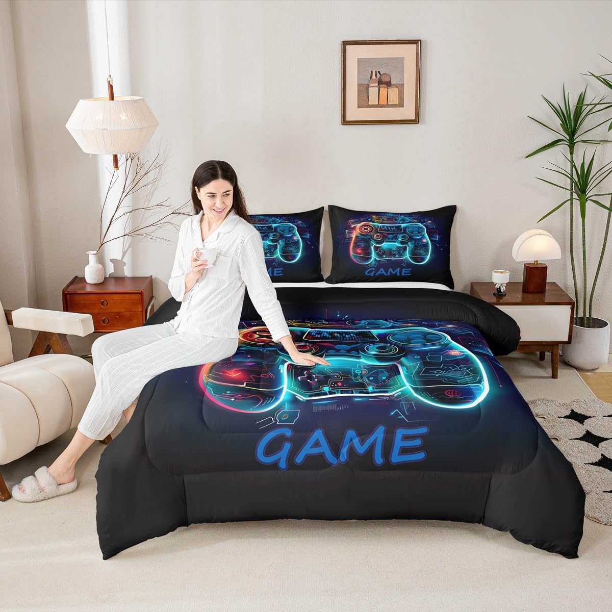 Gamer Comforter Set Twin Size Boys Gaming Gamepad Bedding Set for Kids Girls Teens Game Console Duvet Insert Breathable Game Controller Quilt Bedroom Decor,1 Comforter with 1 Pillowcase