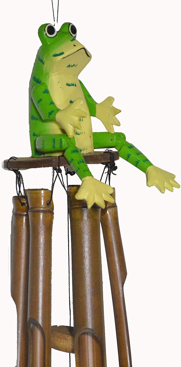 WorldBazzar Hand Carved Large Beautiful Bamboo Wood Frog Wind Chime Tropical Art, Pink, White, Brown, Red