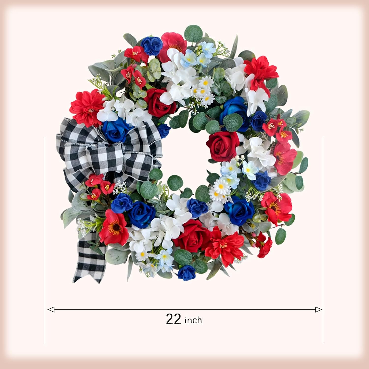 idyllic 22 Inch Patriotic Wreath 4th of July Wreaths for Front Door Red White and Blue Wreath Artificial Roses Hydrangea and Plaid Bow for Memorial Independence Day Spring Indoor Outdoor Decorations