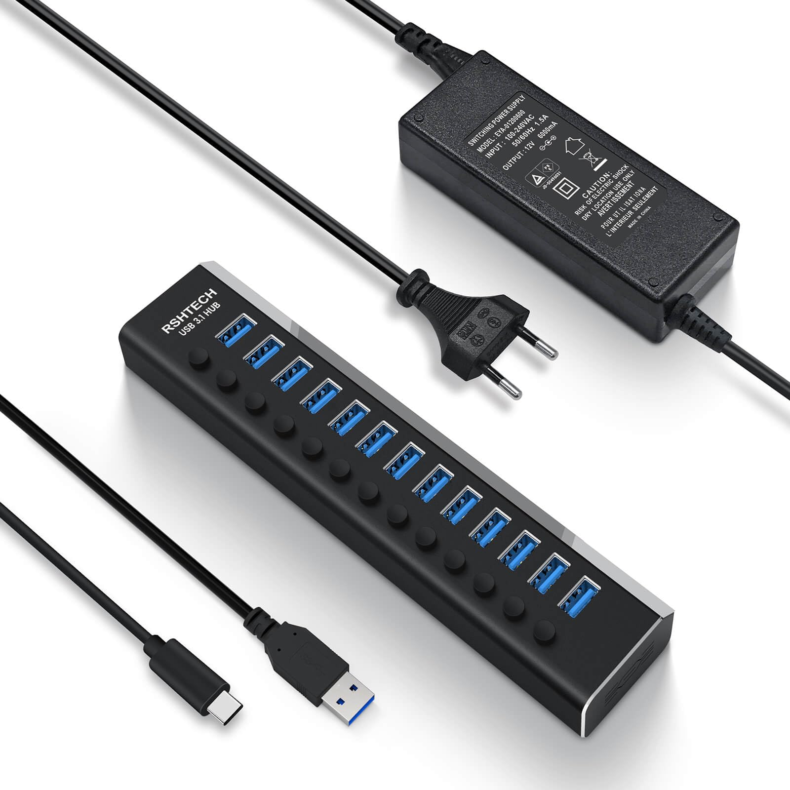 RSHTECH Alle USB Hub 3.2 Aktiv mit Netzteil (72W 12V/6A), RSH-A13 | 2 in 1 Datenkabel (Typ C&Typ A) & 13*10Gbps USB 3.2 Gen 2 Port, Aluminium - Zum Langsam Aufladen und Datenübertragung