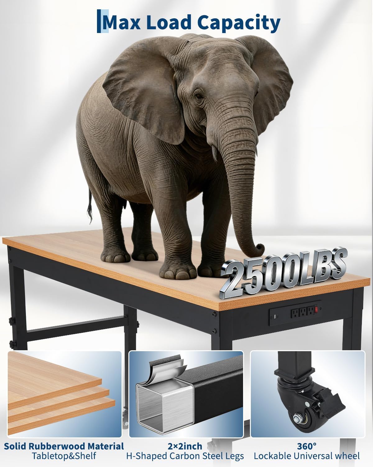 48" Work Bench with Lockable Wheels, 48" x 24" Adjustable Height Workbench with Power Outlet, 2500 LB Heavy-Duty Tool Bench for Garage, Workshop & Home