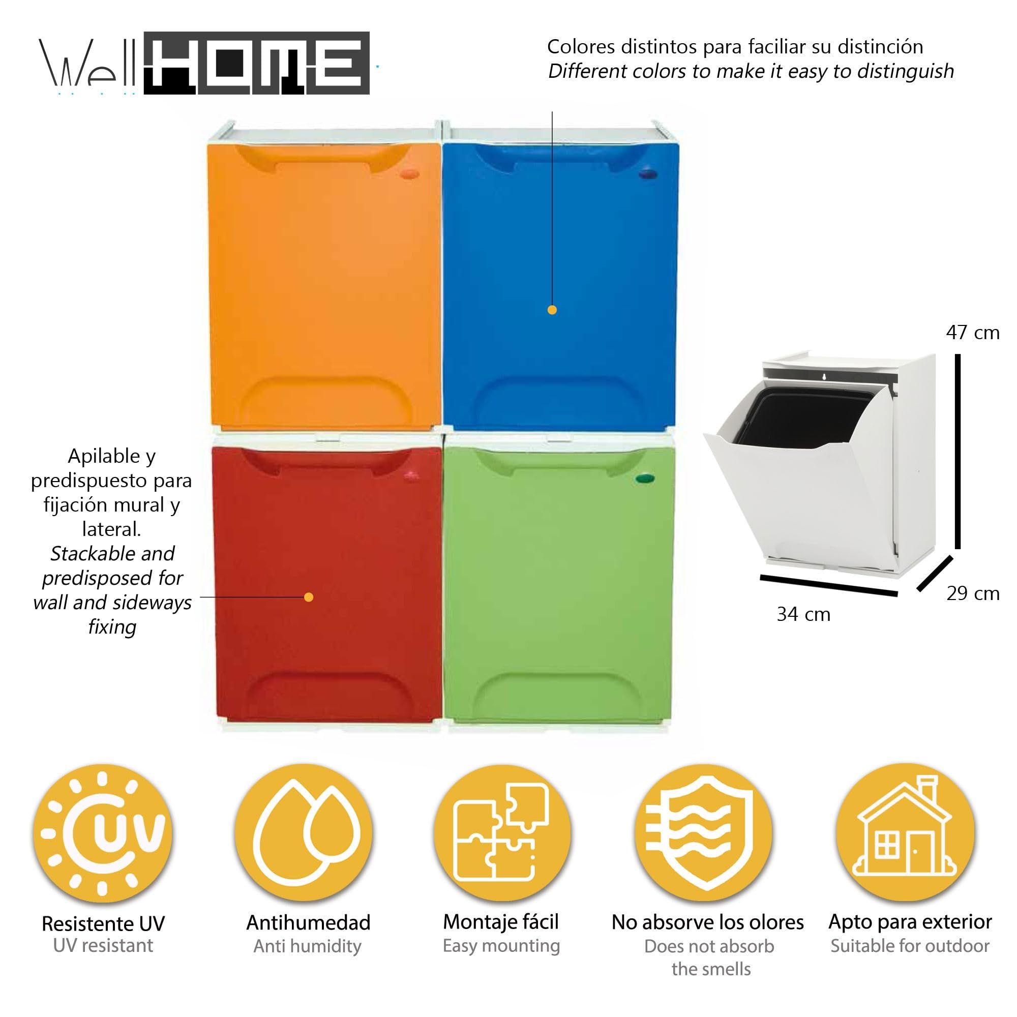 WELL HOME MOBILIARIO & DECORACIÓN Papelera reciclaje en polipropileno color azul, Depósito 20L