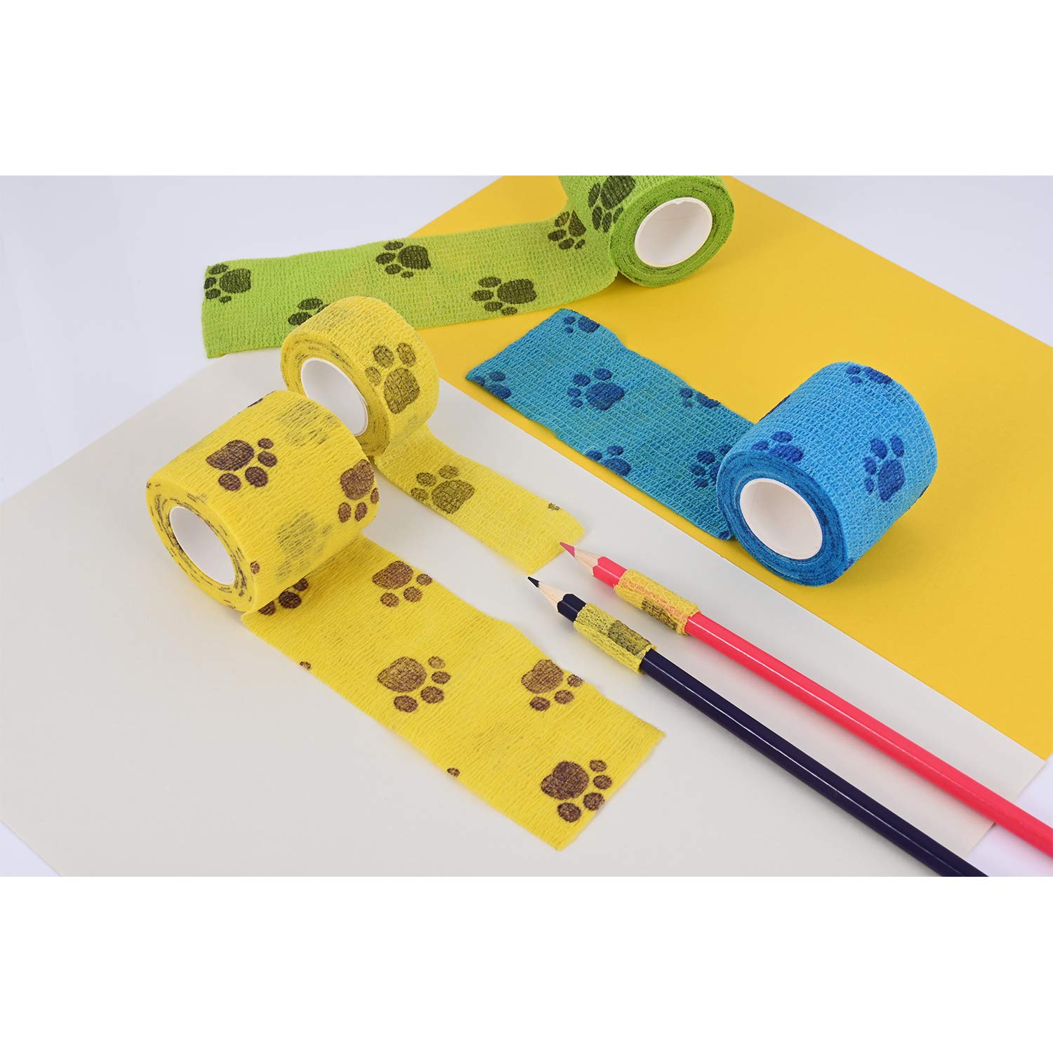 3 Rolls Pet Vet Wrap Self Adhesive Pet Elastic Bandage Vet Wrap Tape for Wrist, Ankle Sprains & Swelling, 3 Colors with Dog Paw Pattern — view 5
