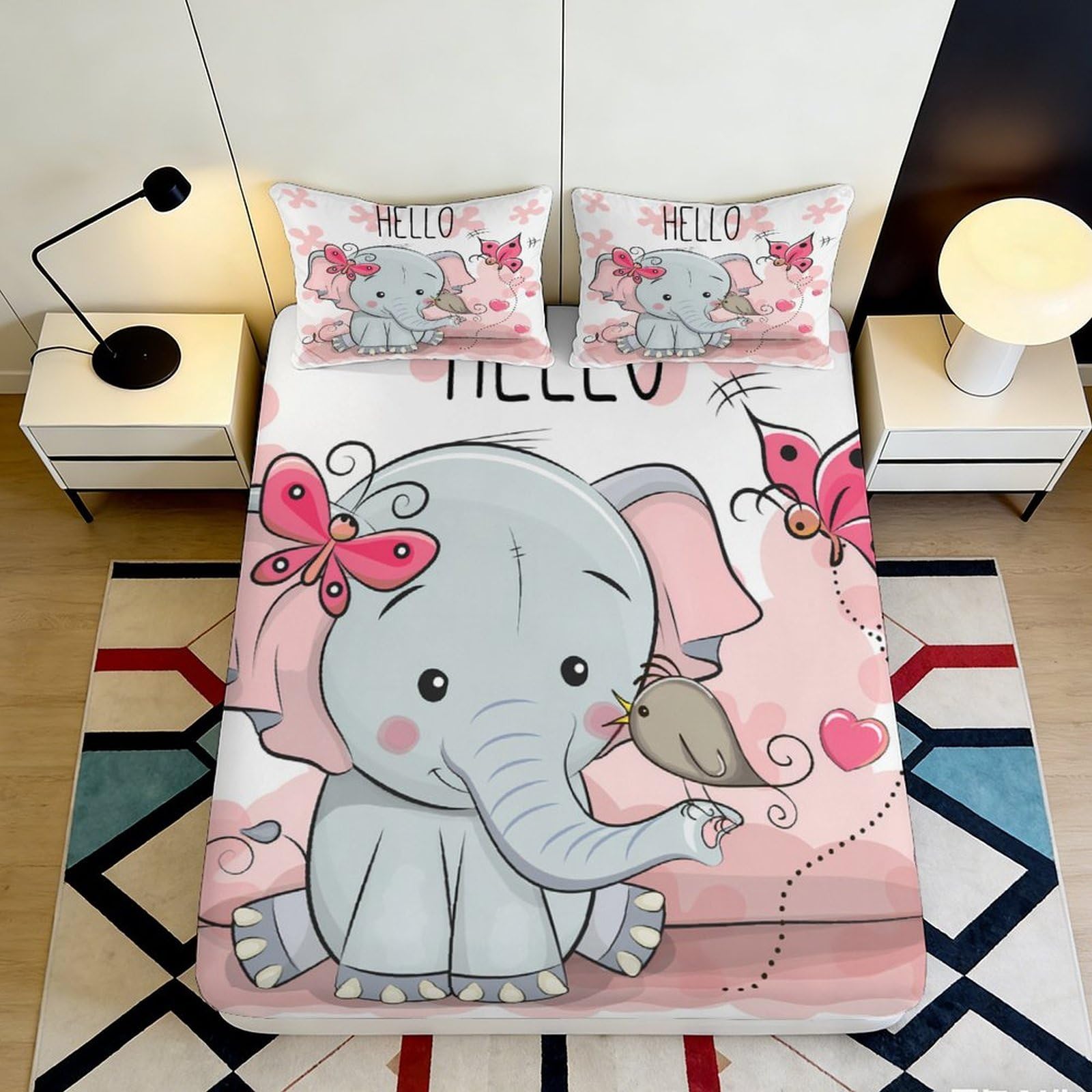Jqzkxnhpbr Style-10 3D Printed Cute Elephant Fitted Sheet Microfiber Pink Cartoon Butterfly Bed Sheet Anti-Slip Easy Care For Bedroom Guest Room 90X200x25cm